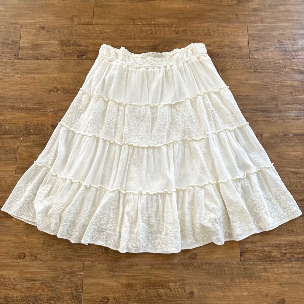 Ralph Lauren Tiered Midi Skirt XL Embroidered Boho Western Cottage Pull On Cream - Picture 2 of 7